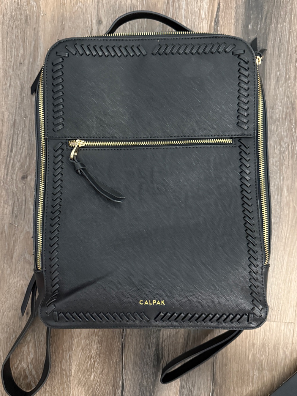 Calpak Black Laptop Folio with Woven Edge and Gold Zippers